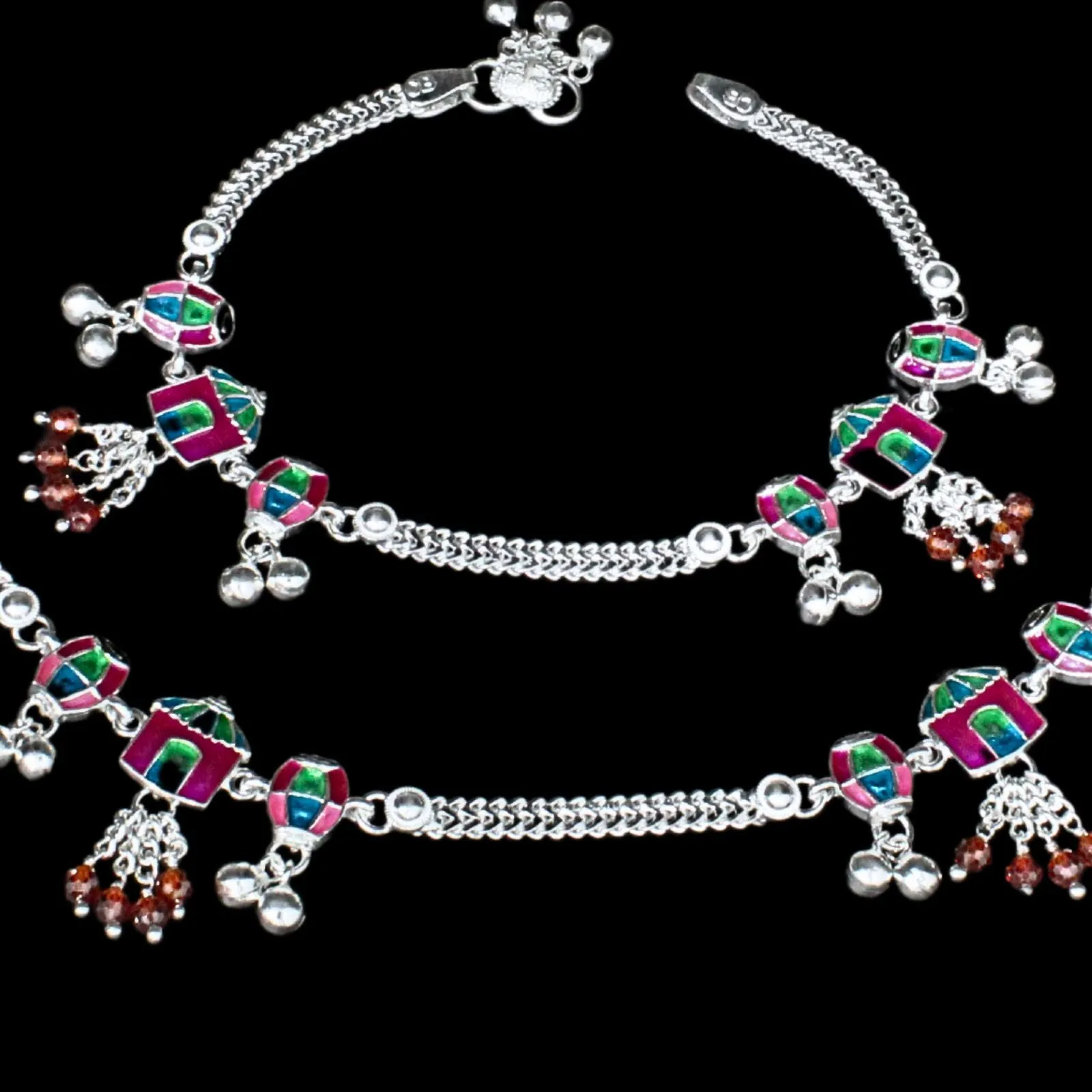 Real Silver Indian wedding style women Anklets Bracelet Pair 10.3"
