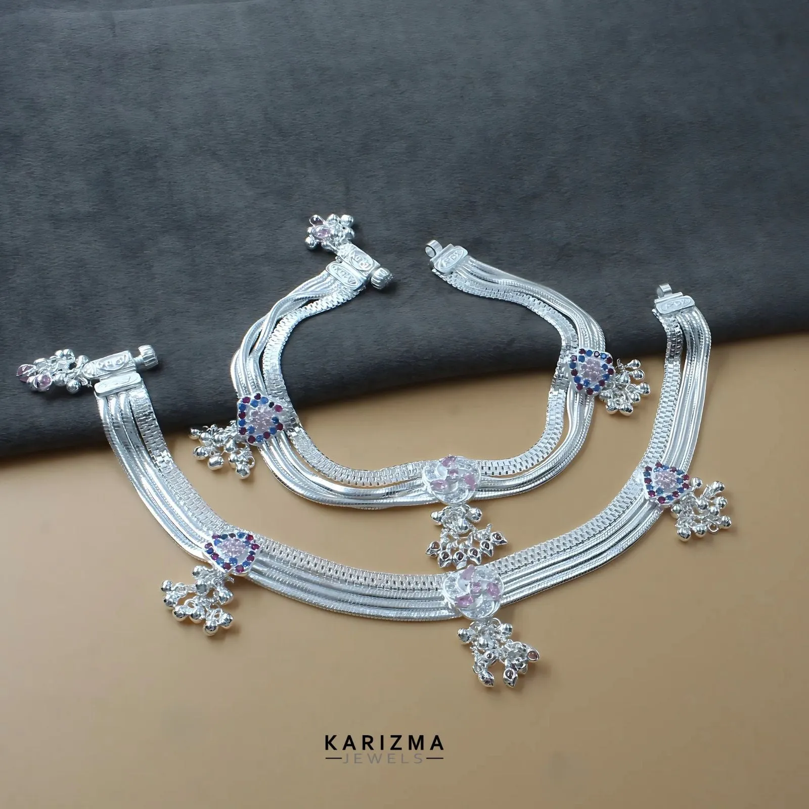 Real Silver Indian women wedding collection multi CZ Anklets Ankle Pair 10"