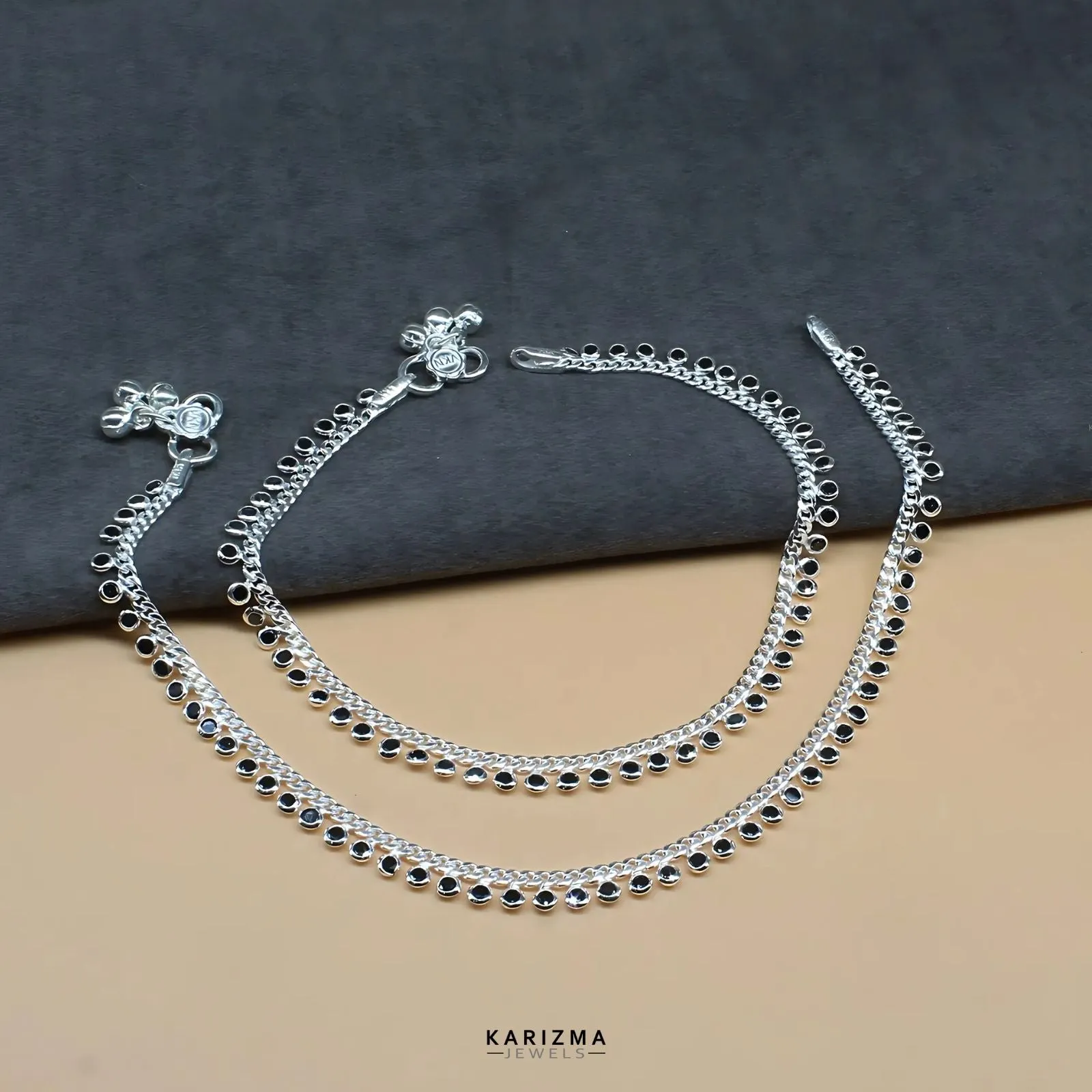 Real Sterling Silver amazing Clear Black CZ Indian women Anklets Ankle Pair 10.3"