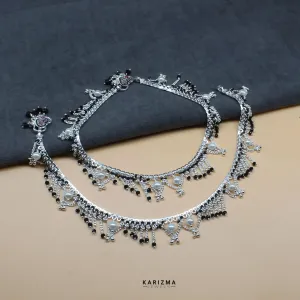 Real Sterling Silver Black Beads with Pearl dangle style women Anklets Ankle Pair 10.5"