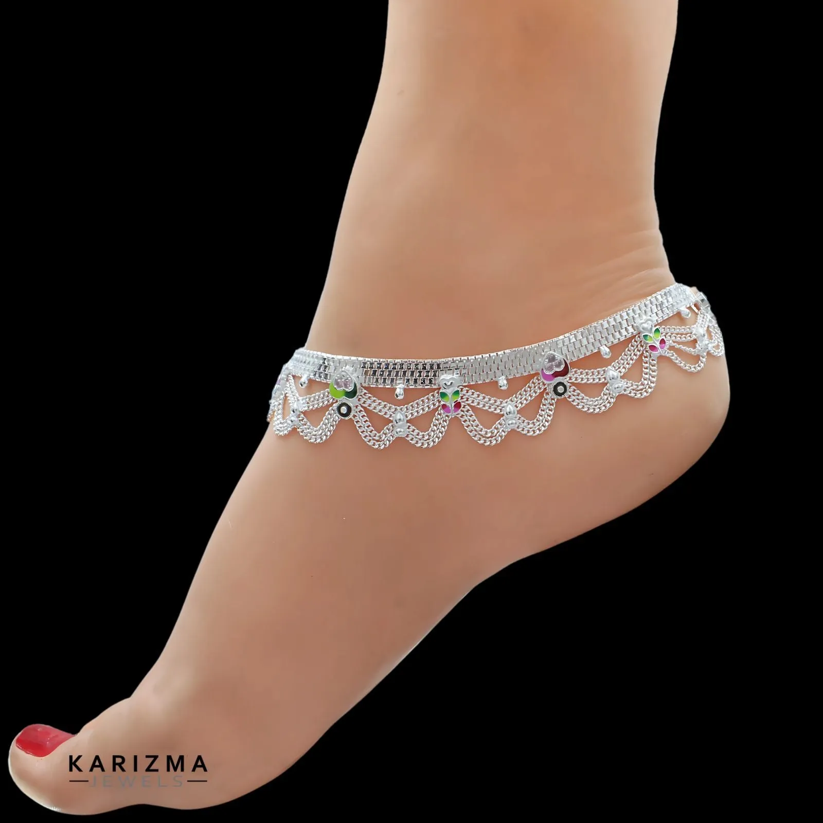 Real Sterling Silver Indian women Bridal style Pink CZ Anklet Ankle Bracelet 10.3"