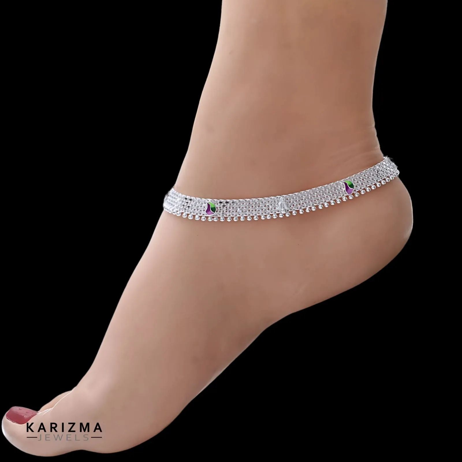 Real Sterling Silver Indian women gifting party wear Anklets Ankle Pair 10.3"