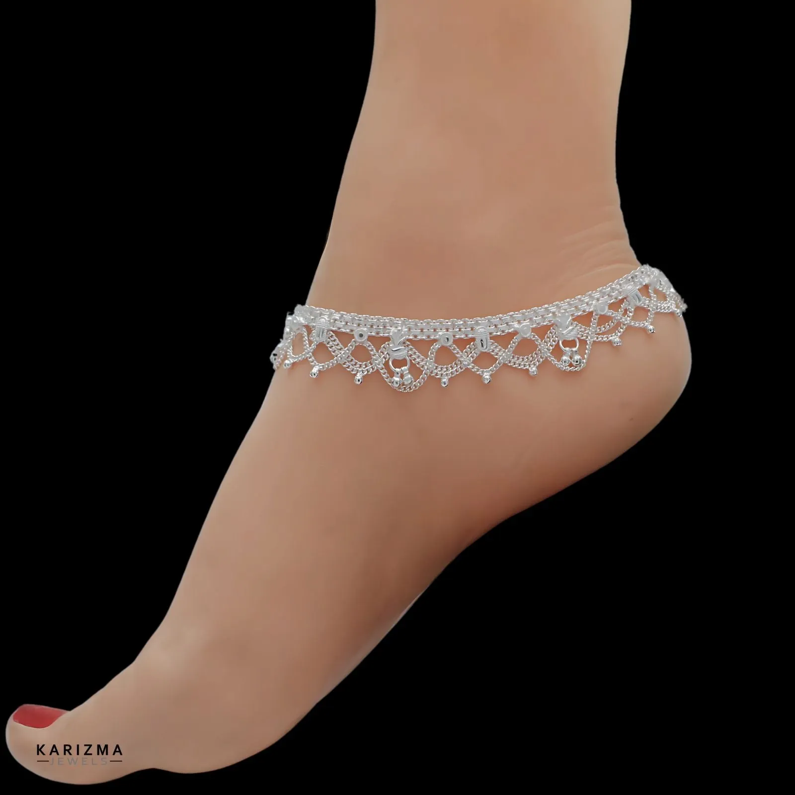 Real Sterling Silver Indian women party wear Anklets Ankle Pair 10.3"