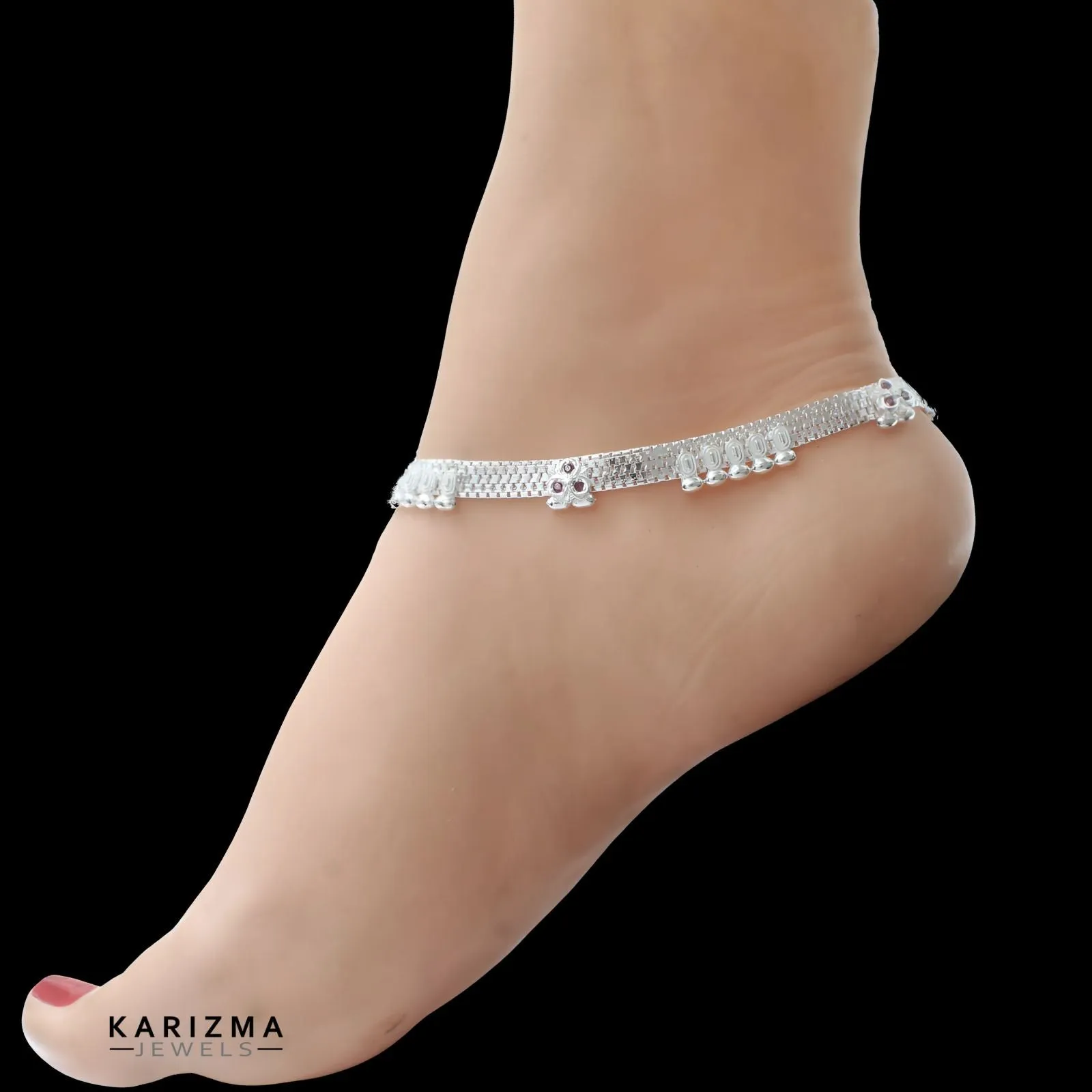 Real Sterling Silver Indian women Pink CZ handmade party wear Anklet Ankle Pair 10.3"