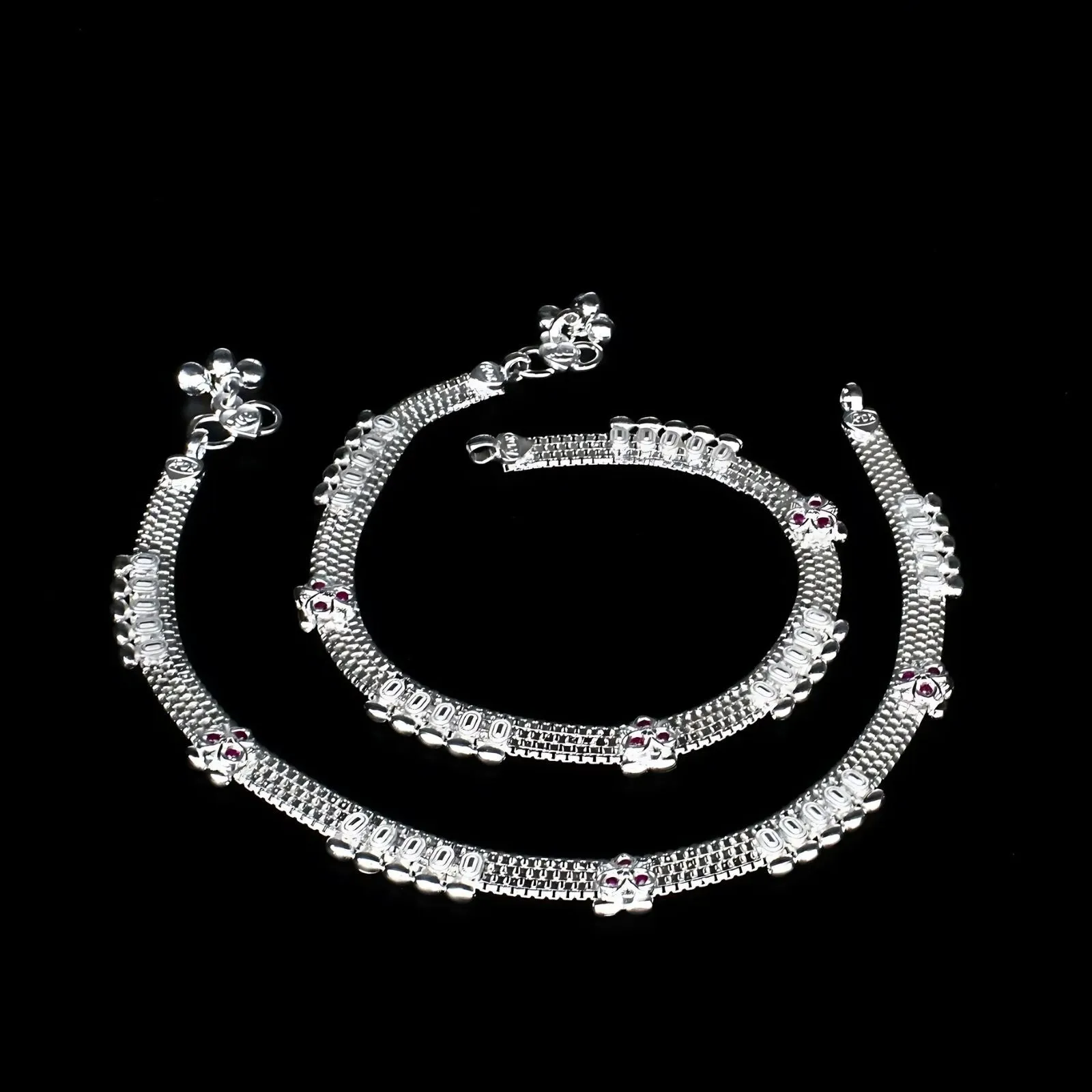 Real Sterling Silver Indian women Pink CZ handmade party wear Anklet Ankle Pair 10.3"