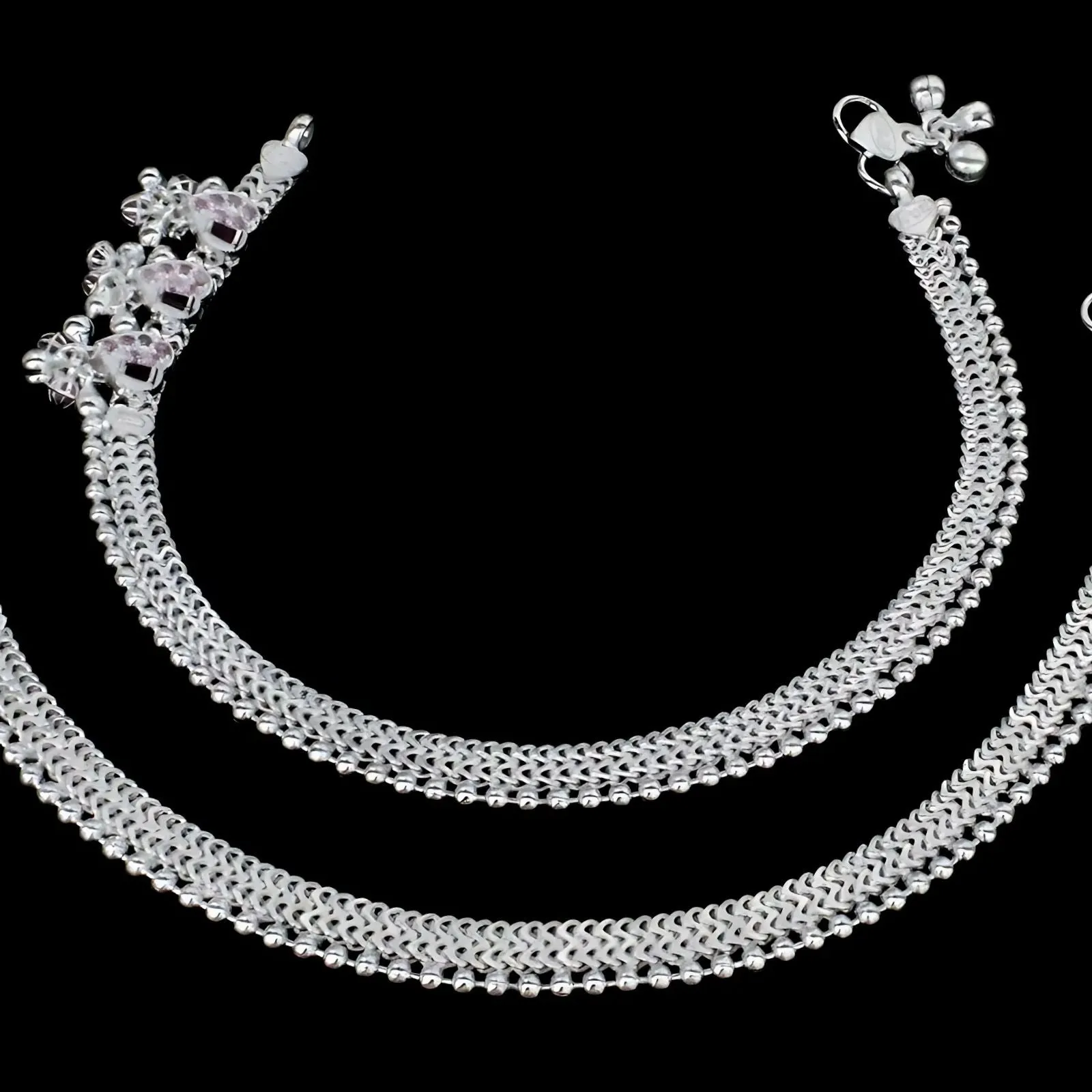 Real Sterling Silver Indian women Pink CZ heart design Anklet Ankle Bracelet 10"