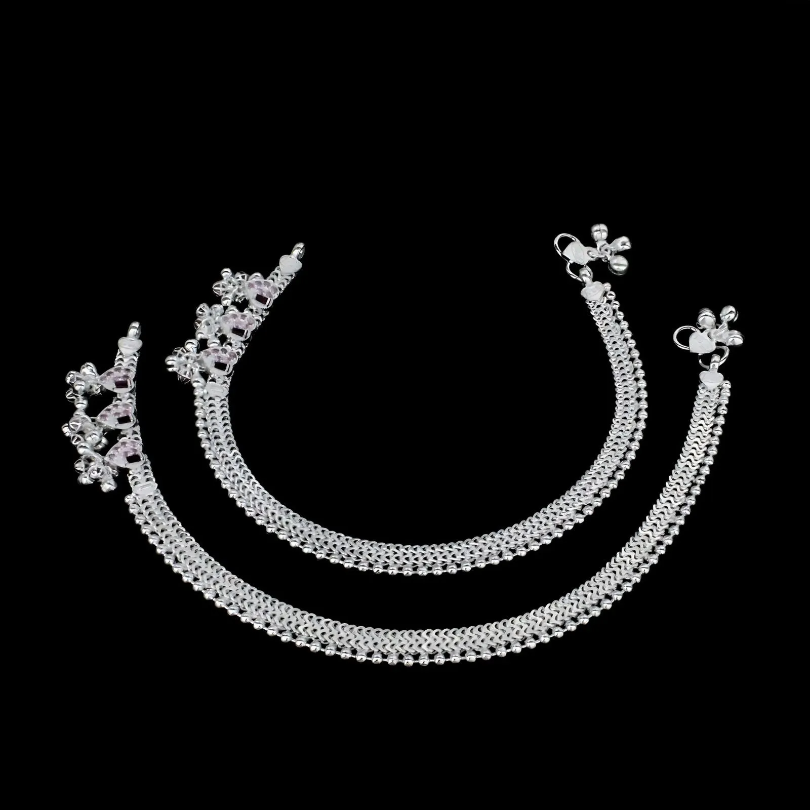 Real Sterling Silver Indian women Pink CZ heart design Anklet Ankle Bracelet 10"