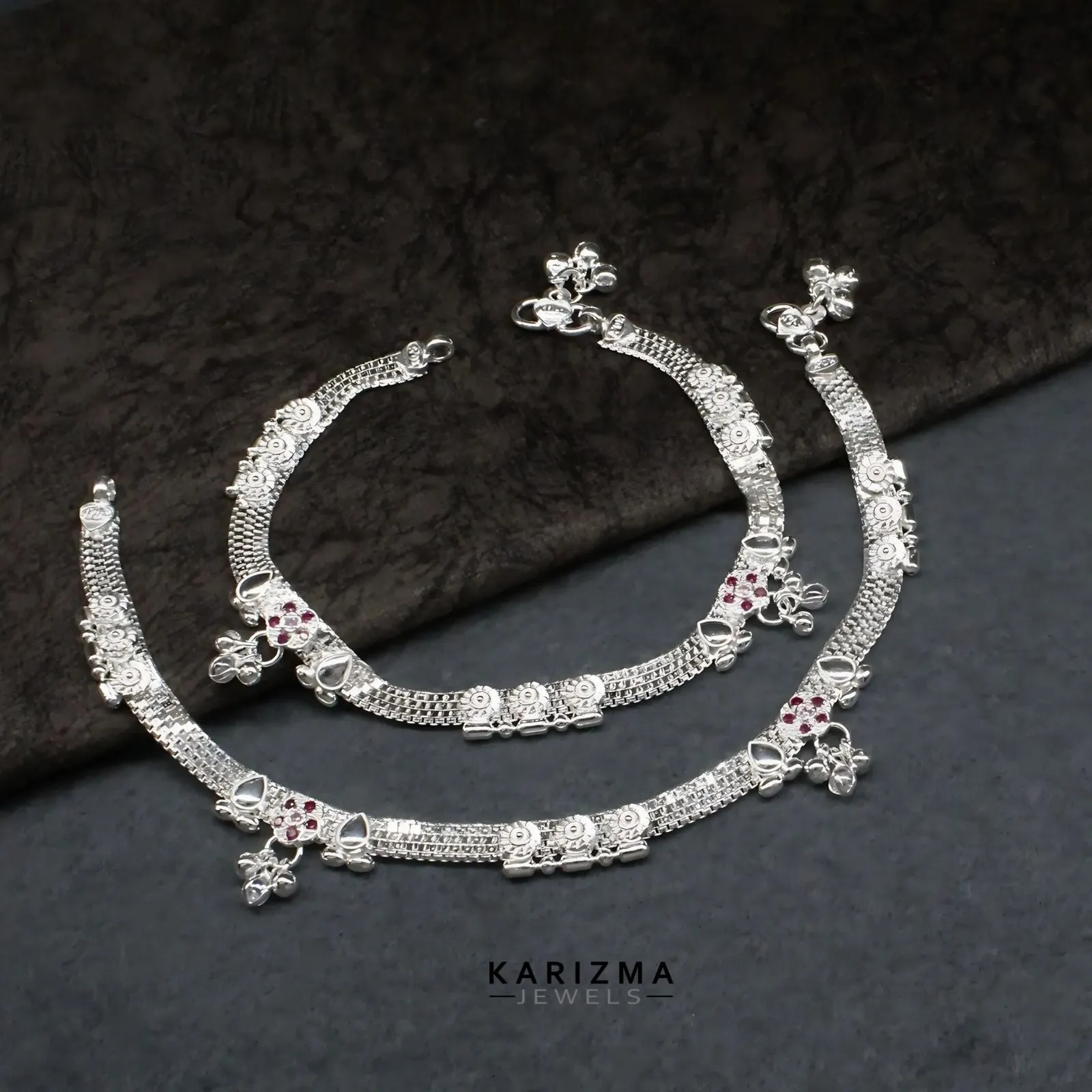 Real Sterling Silver Indian women Pink CZ wedding Anklet Ankle Bracelet 10.3"