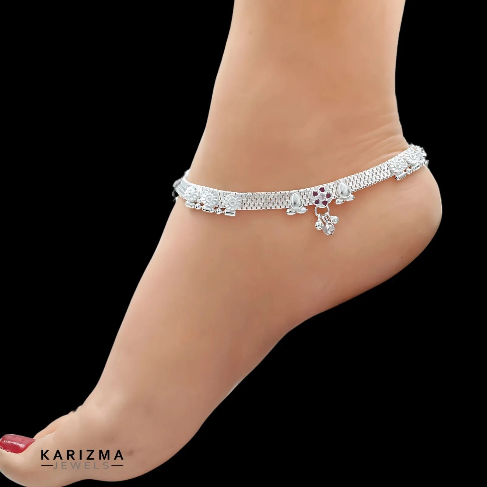 Real Sterling Silver Indian women Pink CZ wedding Anklet Ankle Bracelet 10.3"
