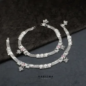 Real Sterling Silver Indian women Pink CZ wedding Anklet Ankle Bracelet 10.3"
