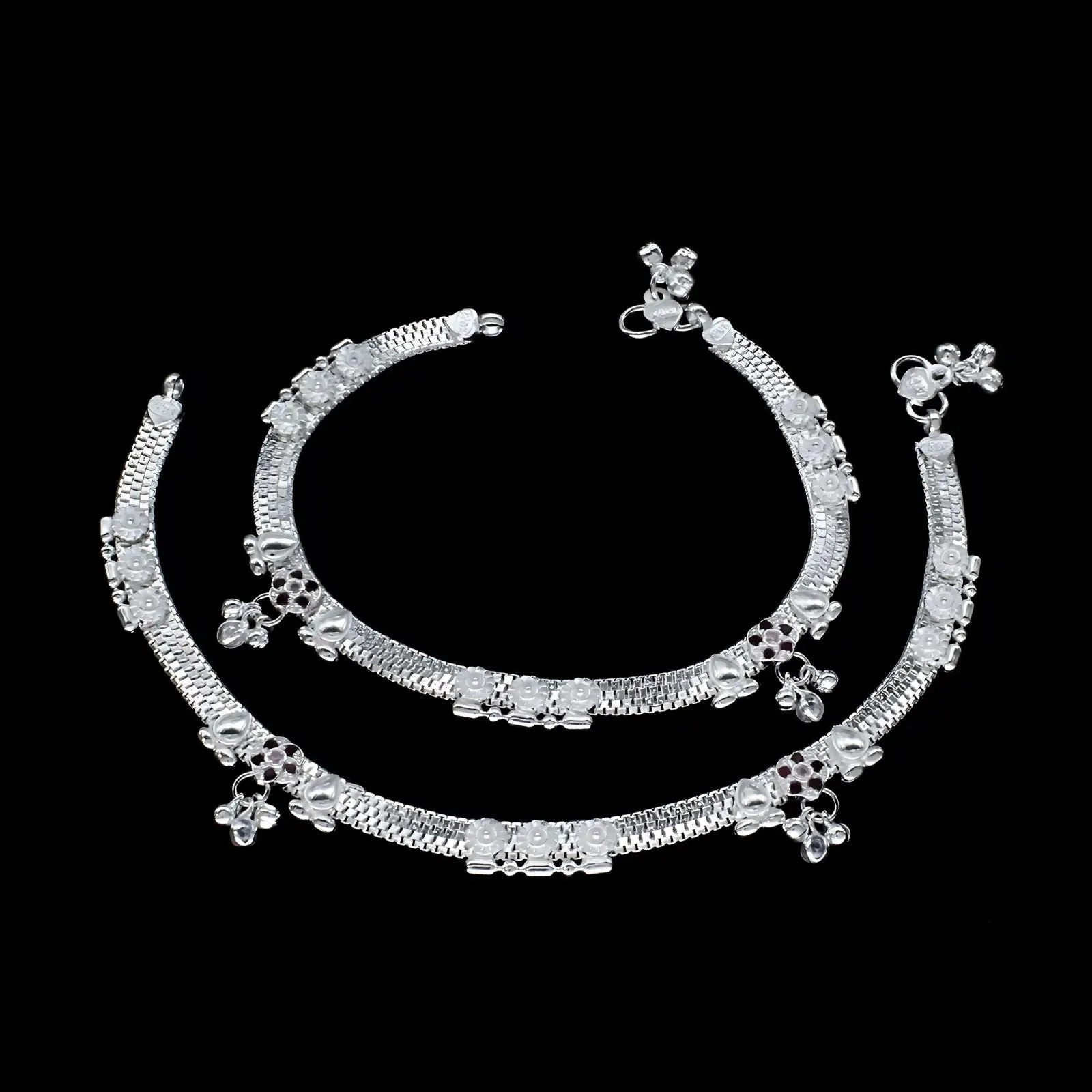 Real Sterling Silver Indian women Pink CZ wedding Anklet Ankle Bracelet 10.3"