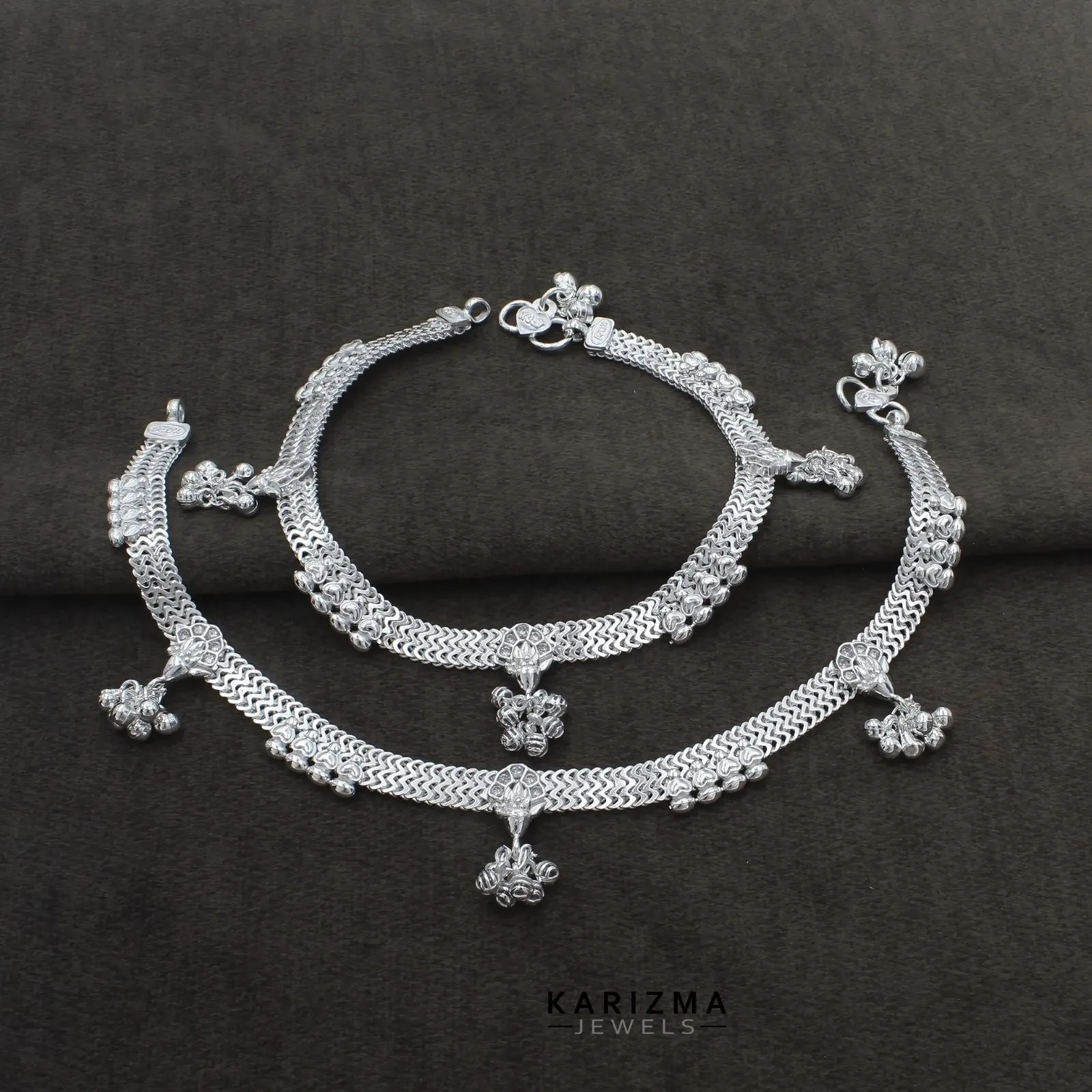 Real Sterling Silver Indian women White CZ  party wear Anklets Ankle Pair 10.3"
