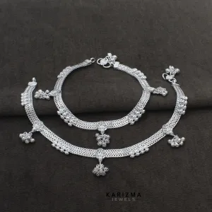 Real Sterling Silver Indian women White CZ  party wear Anklets Ankle Pair 10.3"