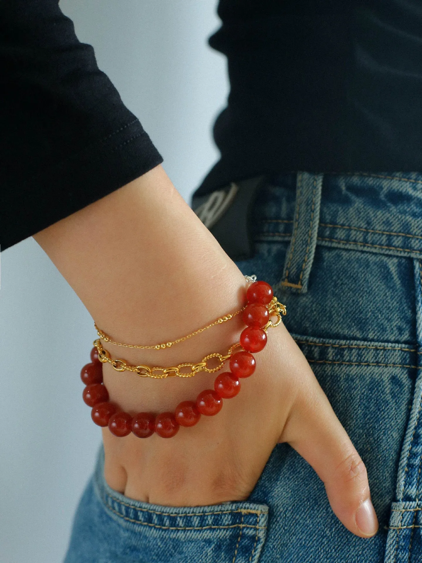 Red Agate Beaded Figure 8 Buckle Bracelet