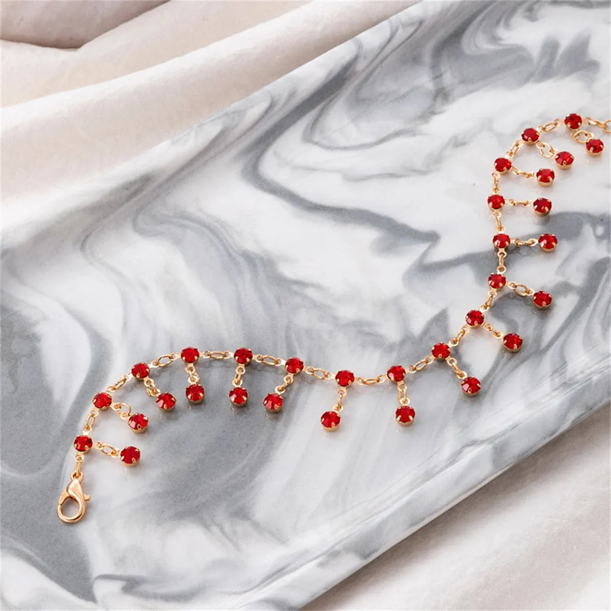 Red Cubic Zirconia & 18K Gold-Plated Tassel Anklet