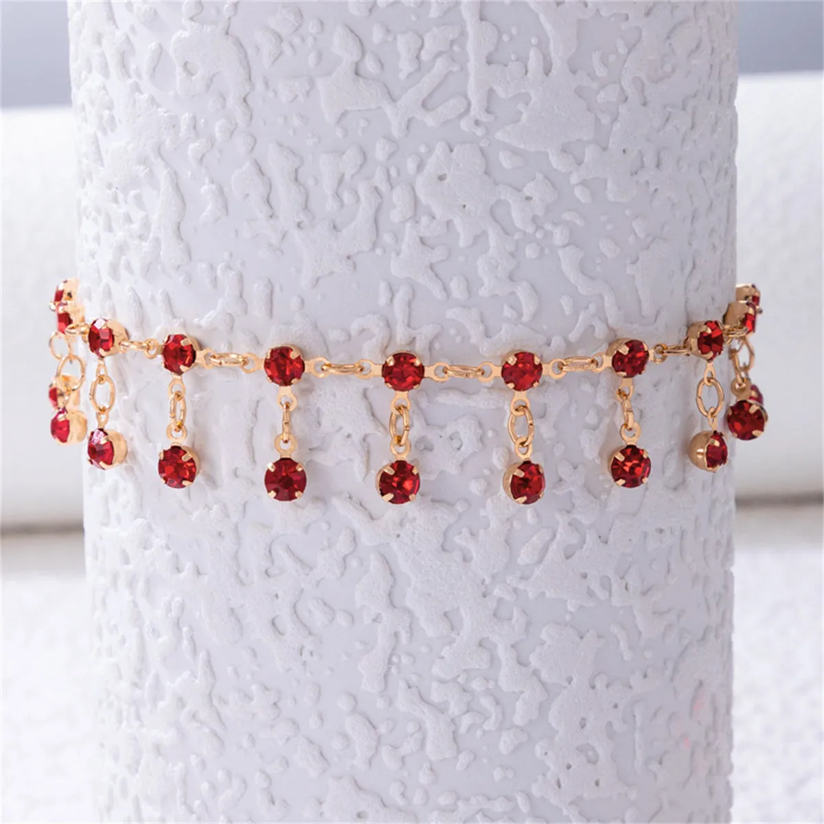 Red Cubic Zirconia & 18K Gold-Plated Tassel Anklet