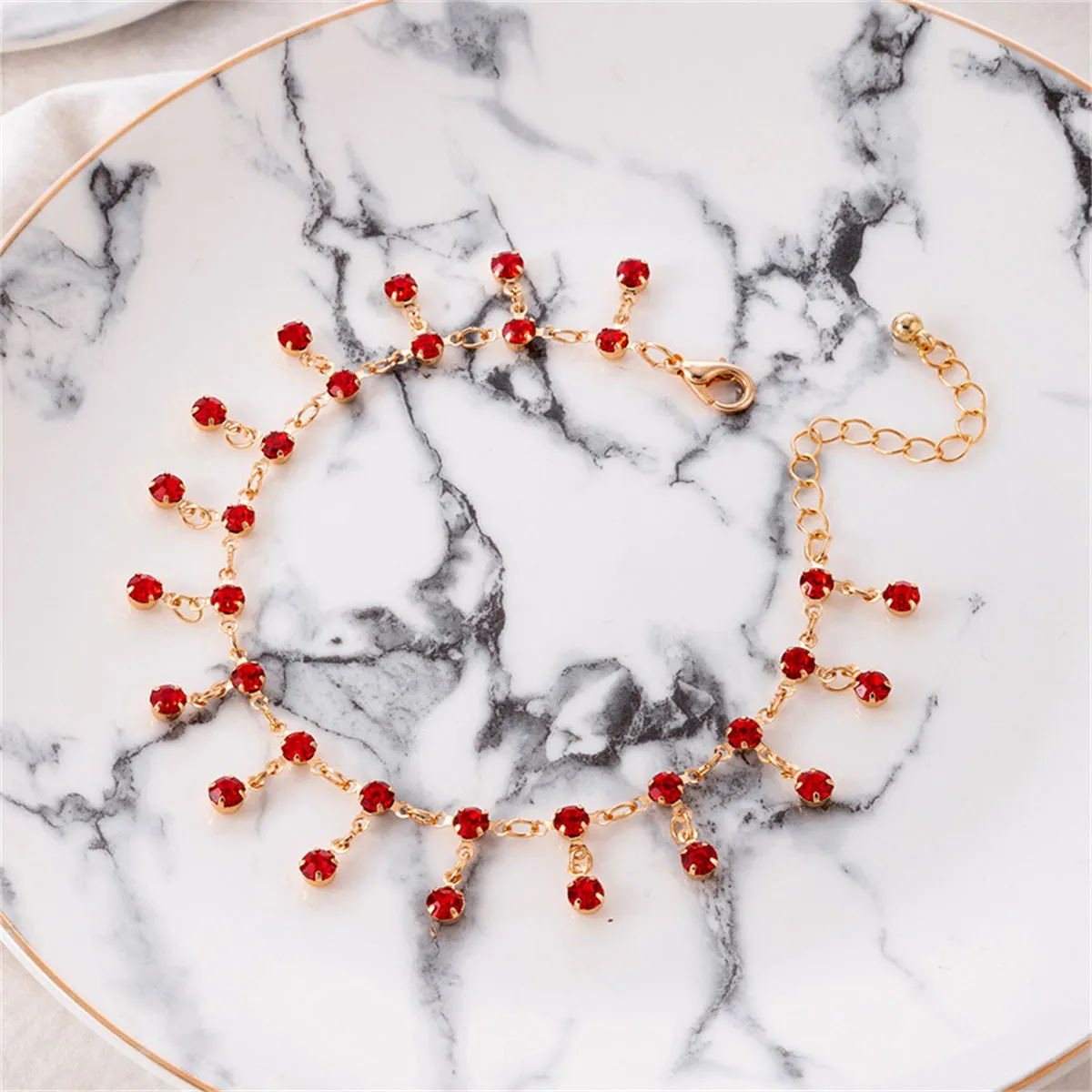 Red Cubic Zirconia & 18K Gold-Plated Tassel Anklet