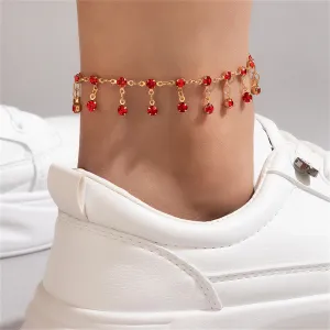 Red Cubic Zirconia & 18K Gold-Plated Tassel Anklet