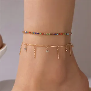 Red Multicolor Cubic Zirconia & 18K Gold-Plated Spike Tassel Anklet Set