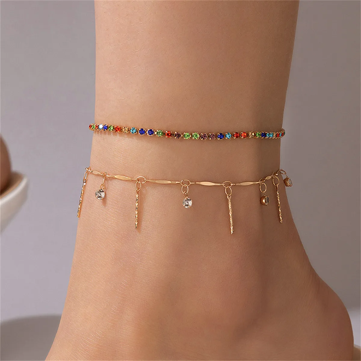 Red Multicolor Cubic Zirconia & 18K Gold-Plated Spike Tassel Anklet Set