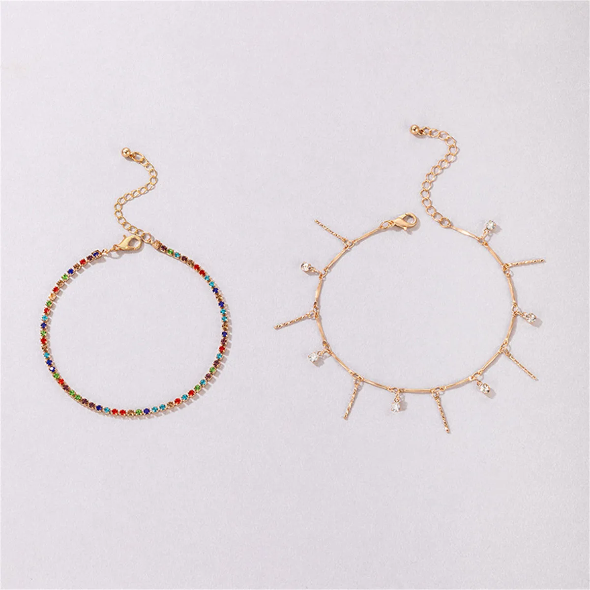 Red Multicolor Cubic Zirconia & 18K Gold-Plated Spike Tassel Anklet Set