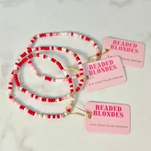 Red Pink & White Sprinkle Beaded Bracelet: Standard 6.75 inch