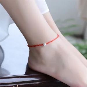 Red Polyster & Silver-Plated Frosted Bead-Accent Lucky Anklet