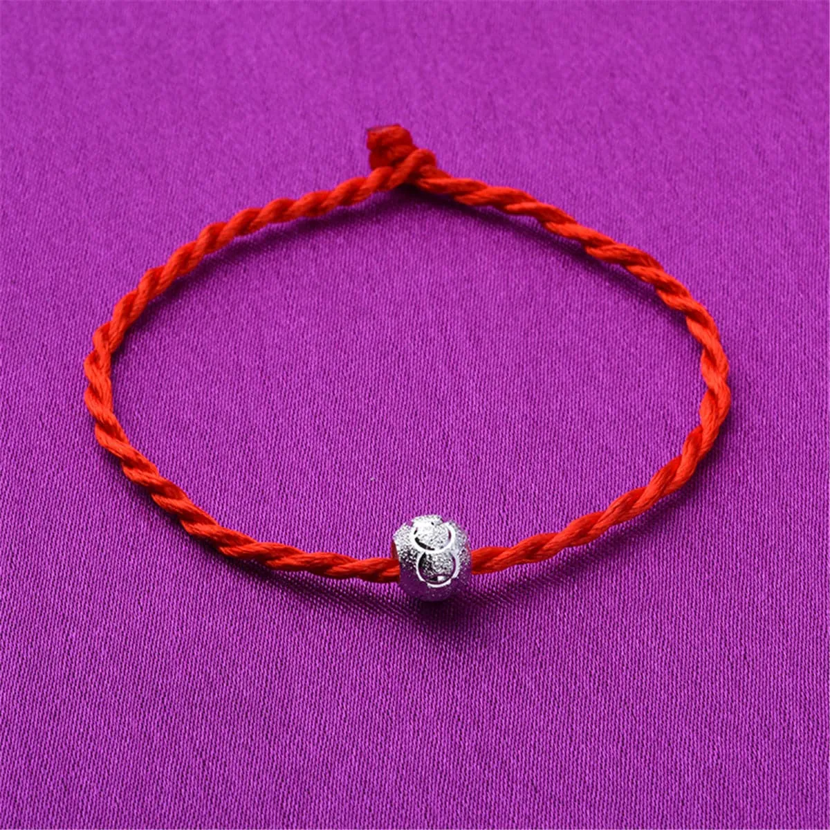 Red Polyster & Silver-Plated Frosted Bead-Accent Lucky Anklet