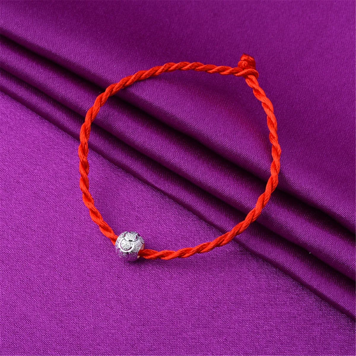 Red Polyster & Silver-Plated Frosted Bead-Accent Lucky Anklet