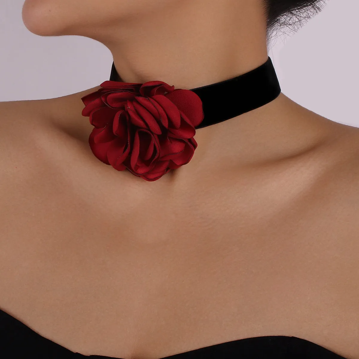 Red Polyster & Silver-Plated Rose Choker Necklace