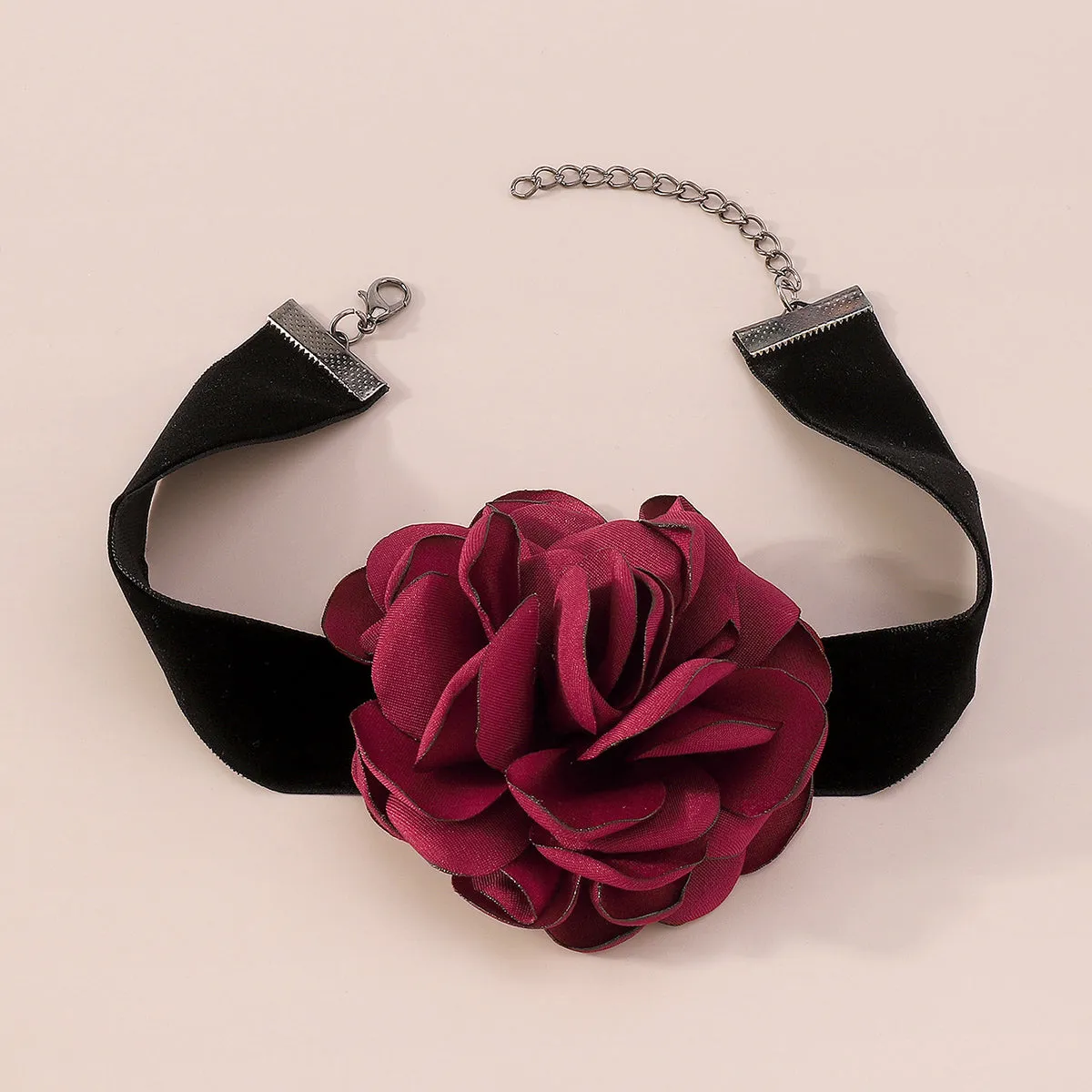Red Polyster & Silver-Plated Rose Choker Necklace