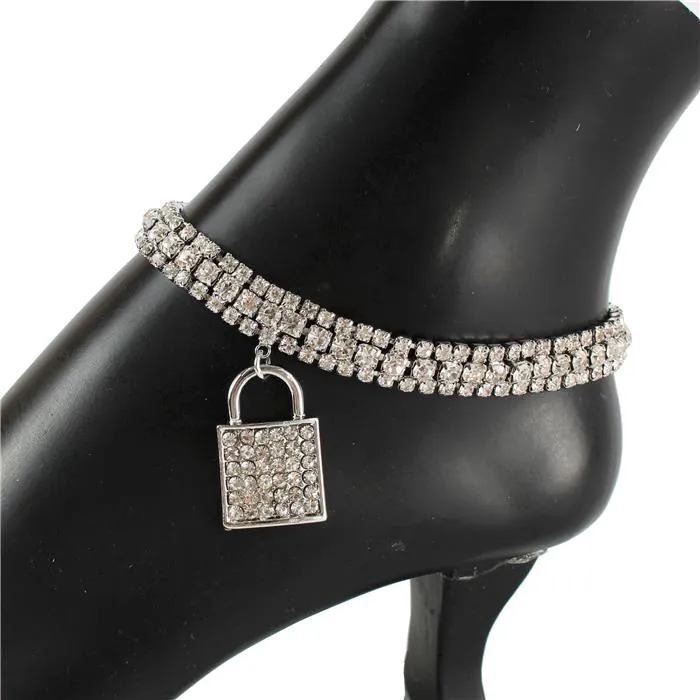 Rhinestone Lock Charm Anklets