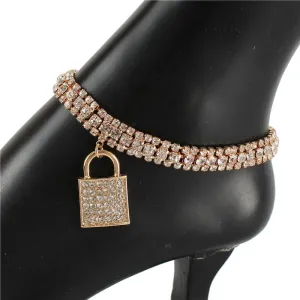 Rhinestone Lock Charm Anklets