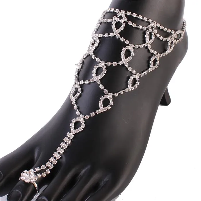 Rhinestones Swirl Tear Anklet With Ring