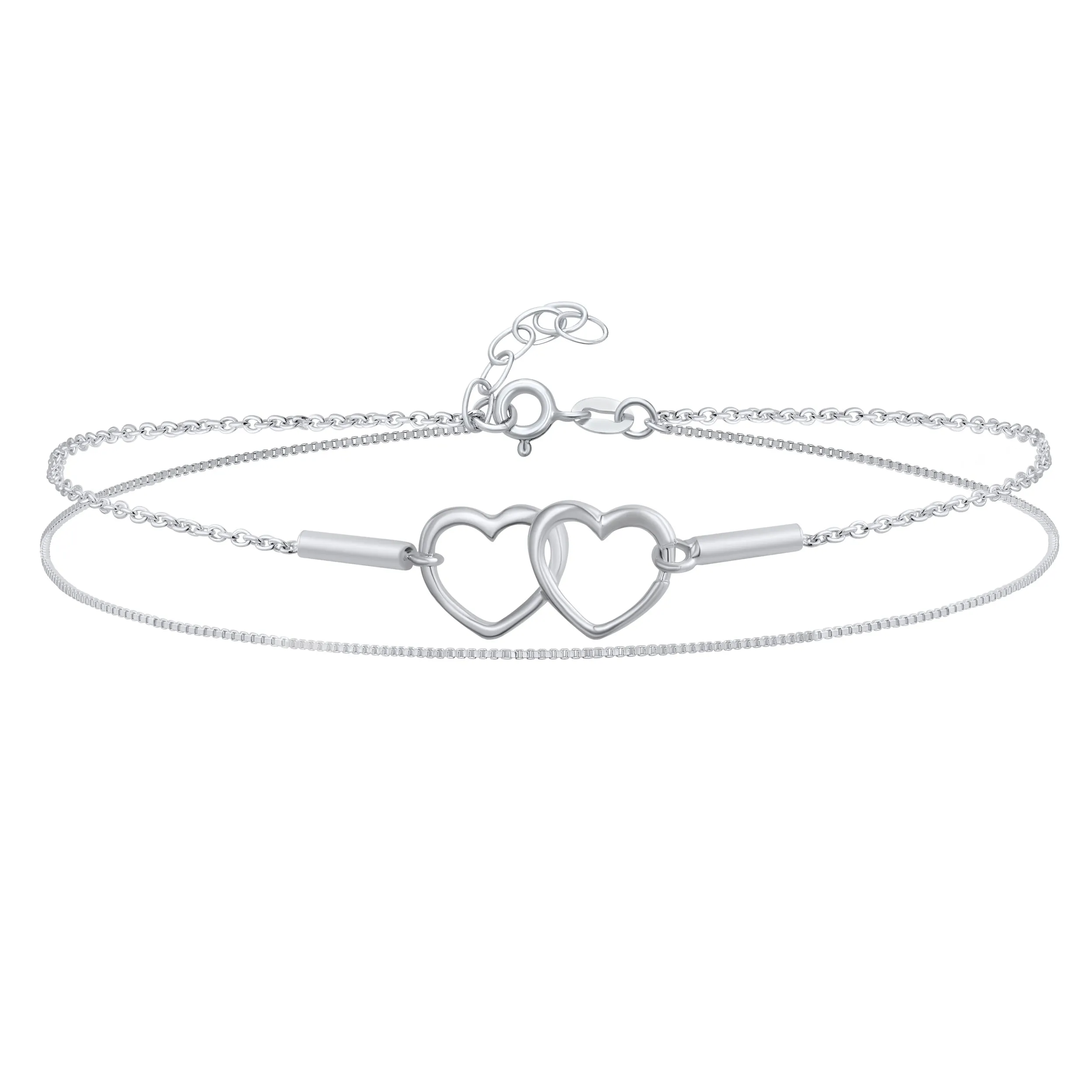 Romantic Interlocking Hearts Double Chain Anklet Ankle Bracelet Sterling Silver