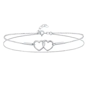 Romantic Interlocking Hearts Double Chain Anklet Ankle Bracelet Sterling Silver