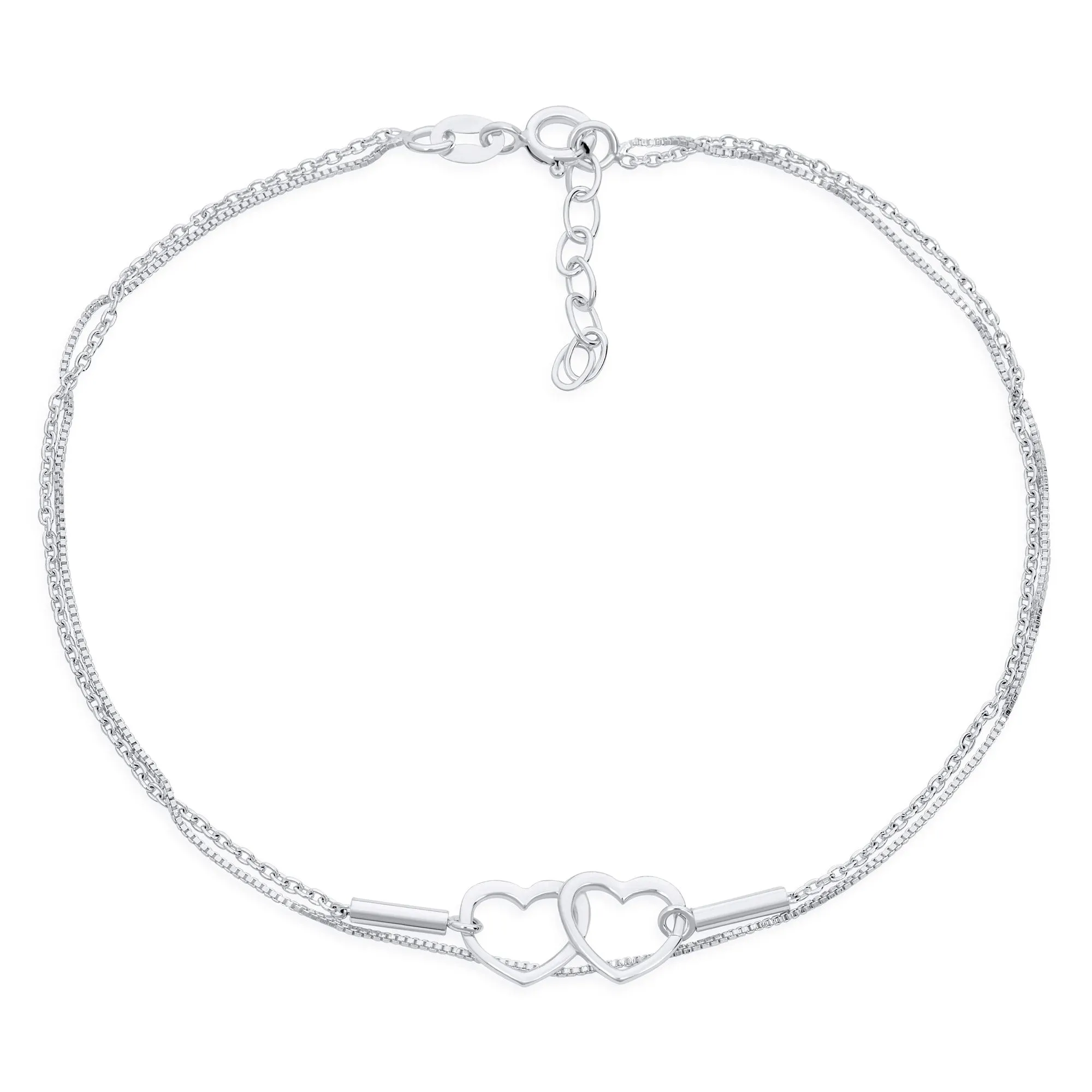 Romantic Interlocking Hearts Double Chain Anklet Ankle Bracelet Sterling Silver