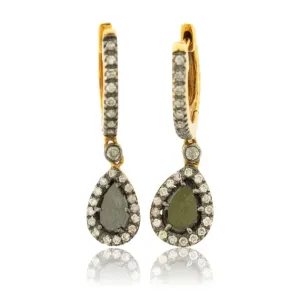 Rose Cut Diamond Slice & Diamond Halo Dangle Earrings