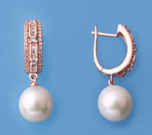 Rose Gold Plated Silver Earrings with 10.5-11mm Drop Shape Freshwater Pearl and Cubic Zirconia
