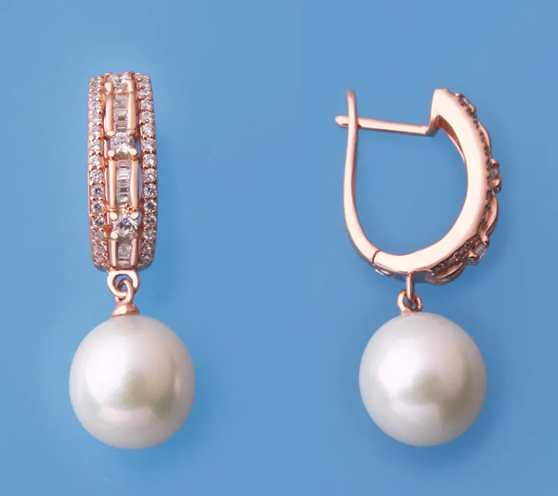 Rose Gold Plated Silver Earrings with 10.5-11mm Drop Shape Freshwater Pearl and Cubic Zirconia