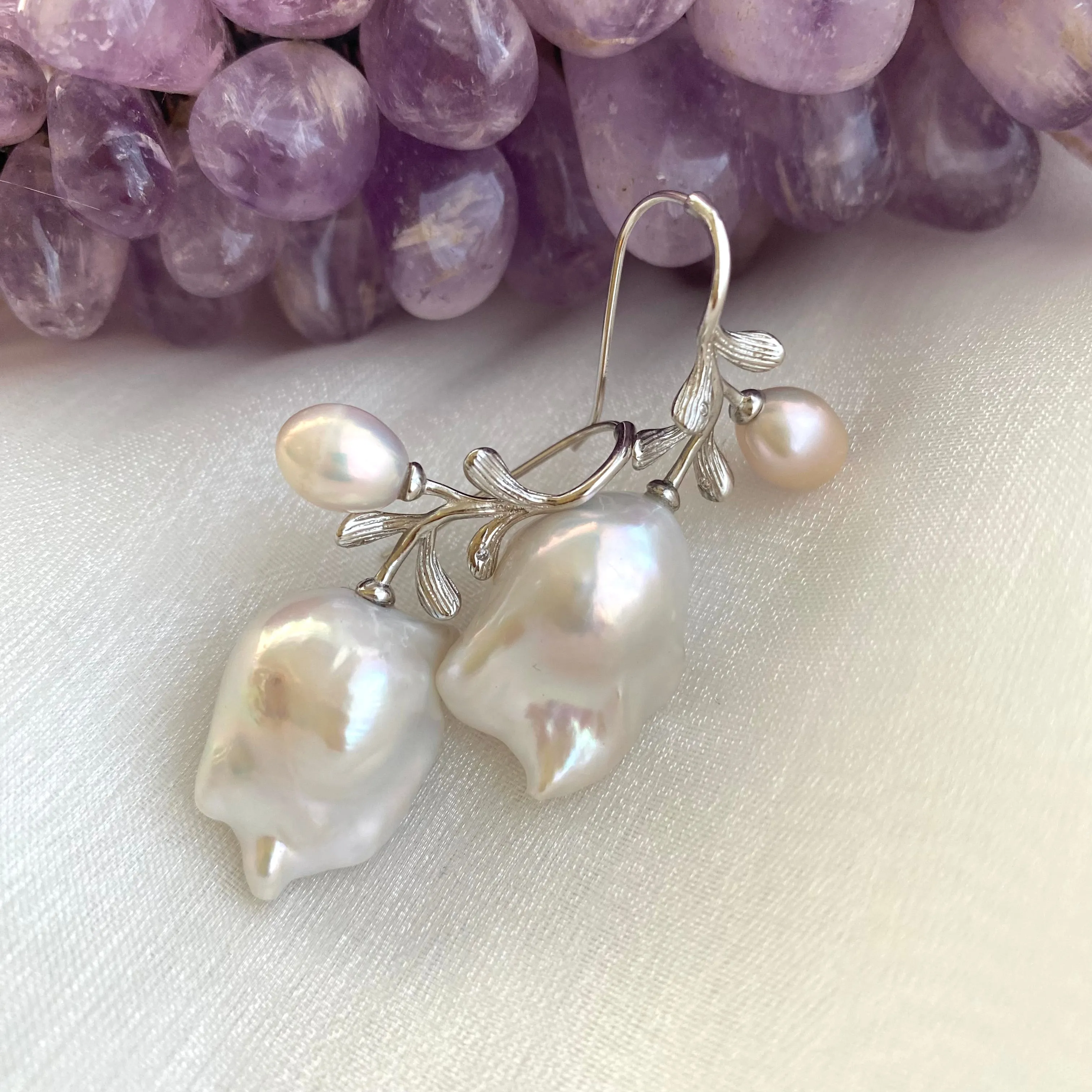 Rose Leaf Design Baroque pearls Earrings, In Silver