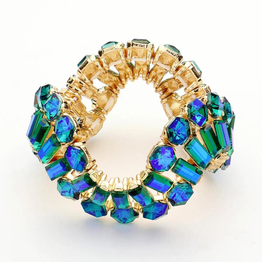Round and Emerald Cut Blue AB Crystal Wavy Stretch Pageant Bracelet  | Prom Jewelry | 645254