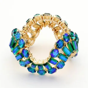Round and Emerald Cut Blue AB Crystal Wavy Stretch Pageant Bracelet  | Prom Jewelry | 645254