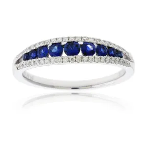 Round Blue Sapphire & Diamond Lined Band