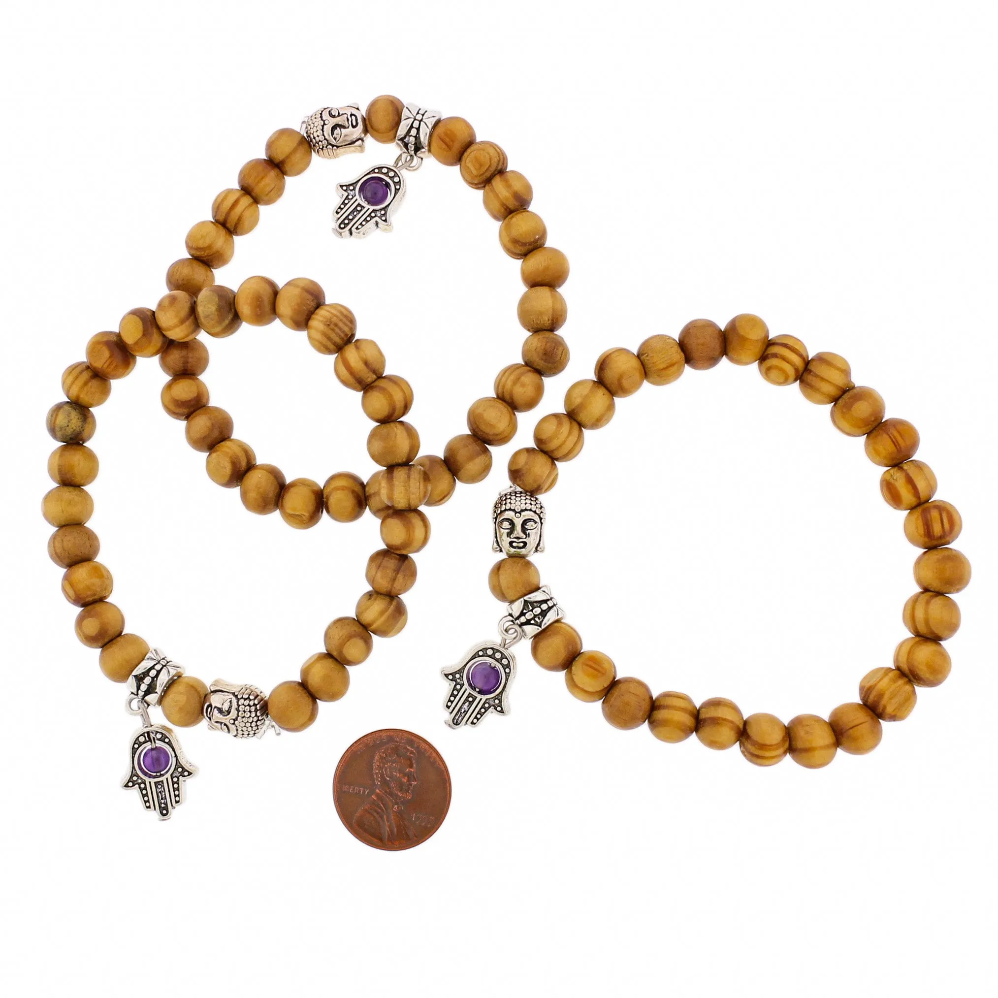 Round Wood Bead Bracelet 61mm -Natural Wood with Antique Silver Tone Charms - 1 Bracelet - BB084