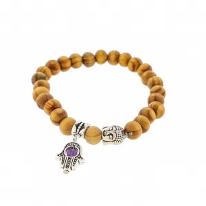 Round Wood Bead Bracelet 61mm -Natural Wood with Antique Silver Tone Charms - 1 Bracelet - BB084
