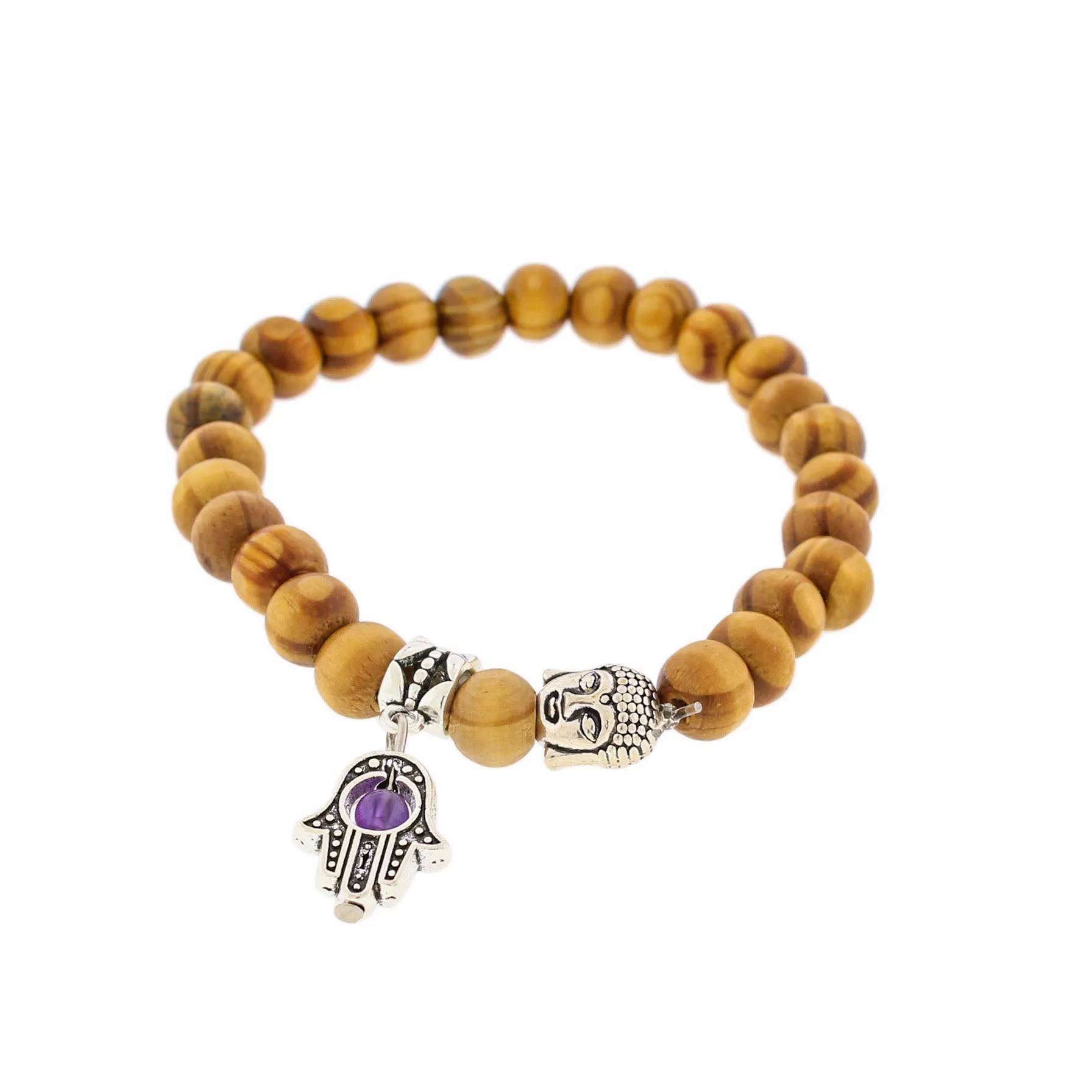 Round Wood Bead Bracelet 61mm -Natural Wood with Antique Silver Tone Charms - 1 Bracelet - BB084