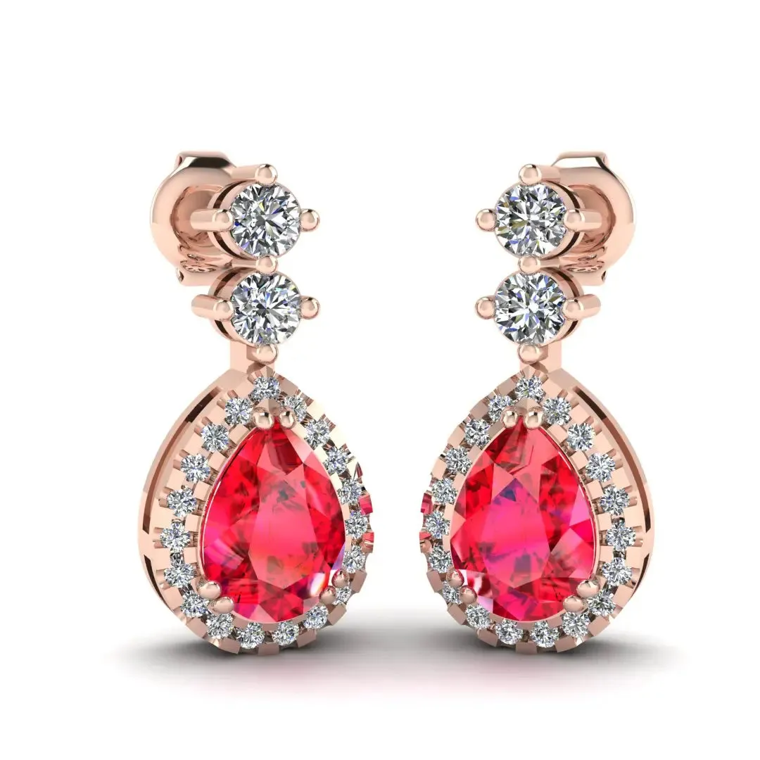 Ruby 1.30 Carat Pear Shape Halo Natural Diamond Drop Earrings E1PSR
