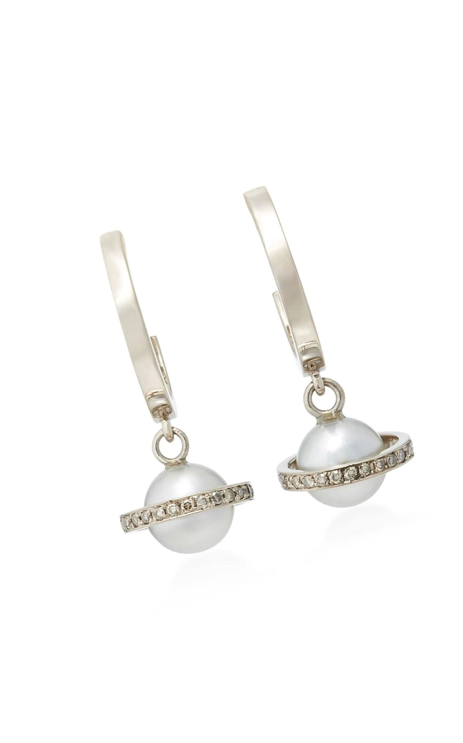 Saturn Diamond And Pearl Hoops 18k Solid White Gold Earrings