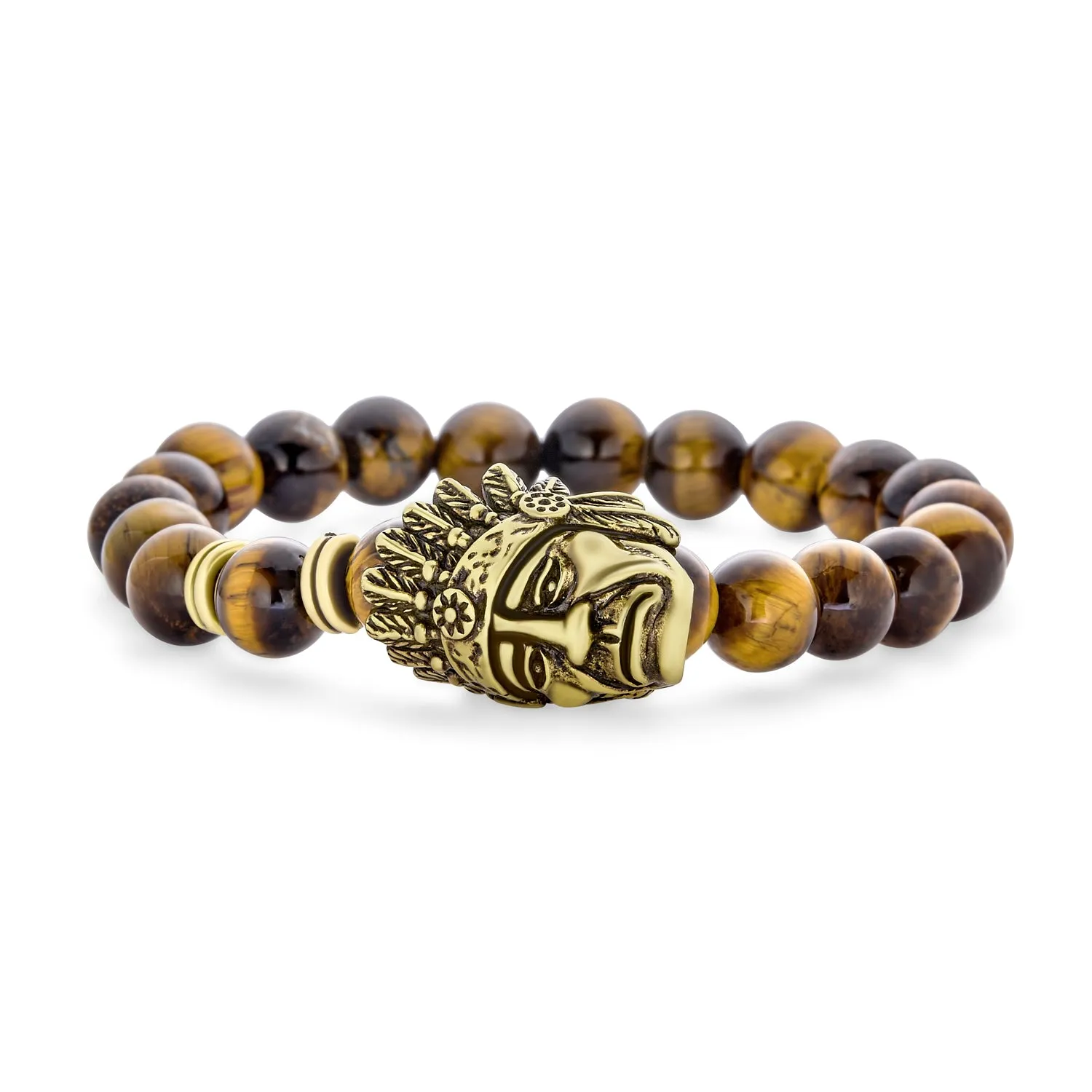 Set of 2 Chef Indian Face Howlite Onyx and Tiger Eye Bead Stretch Bracelet